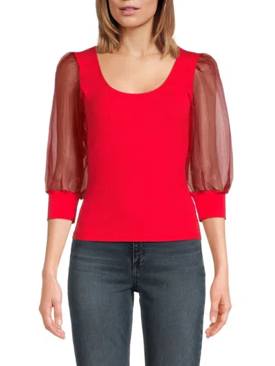 Lea & Viola Women's Knit Puff Sleeve Top In Red