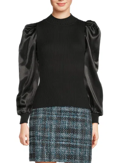 Lea & Viola Women's Mixed Media Puff Sleeve Top In Black
