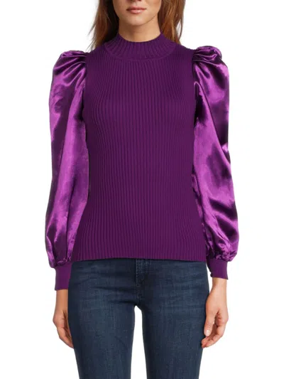 Lea & Viola Women's Mixed Media Puff Sleeve Top In Purple