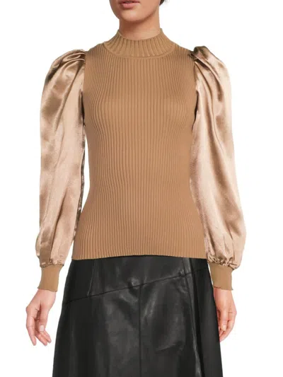 Lea & Viola Women's Mixed Media Puff Sleeve Top In Tan