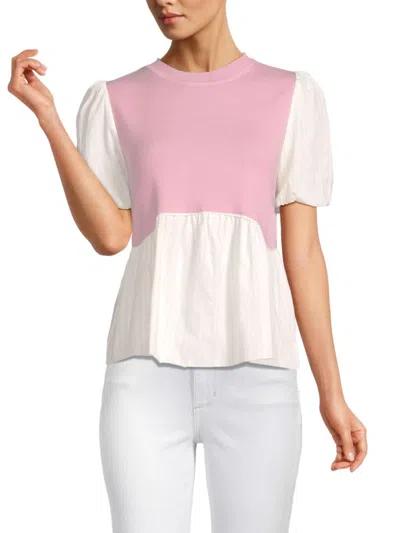 Lea & Viola Women's Puff Sleeve Twofer Top In Pink White