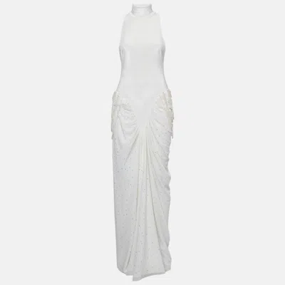 Pre-owned Leam Almes White Velvet And Tulle Pearl Detail Draped Maxi Dress M