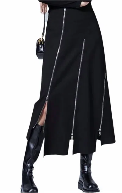 Leather & Luxe Asymmetrical Zipper Knit Skirt In Black In Blue