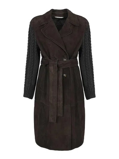 Leather Authority Meissa Trench Coat In Suede And Knit In Brown
