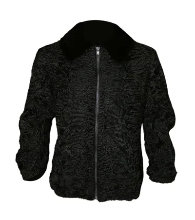 Pre-owned Leather Estate Black Broadtail Astrakhan Fur Coat- Real Karakul Fur With Mink Collar Coat