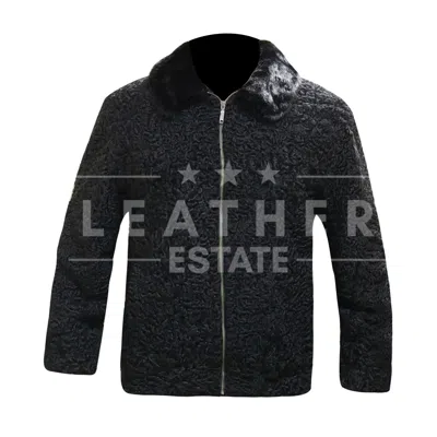 Pre-owned Leather Estate Men's Black Persian Lamb Fur Black Mink Fur Collar Zipper Coat