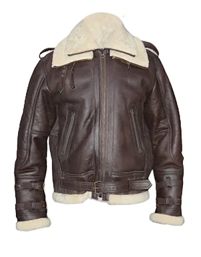 Pre-owned Leather Estate Men's Raf B3 Aviator Double Collar Shearling Fur Real Sheep Skin Bomber Leather In Brown