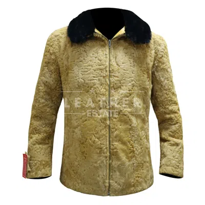 Pre-owned Leather Estate Mustard Persian Lamb Fur Coat With Real Mink Collar | Karakul Fur Jacket