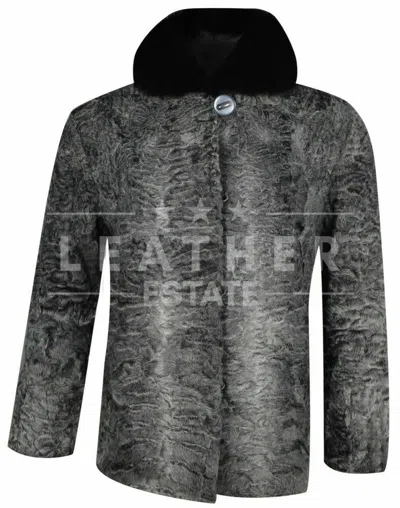 Pre-owned Leather Estate Women Persian Lamb Grey Coat Genuine Fox Fur Collar Grey Long Coat In Same As Pictures