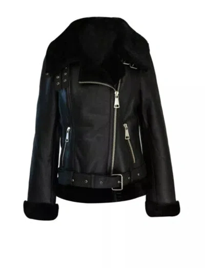 Pre-owned Leather In Handz Women B3 100% Real Aviator Shearling Leather Bomber Jacket With Removeable Hood In Black