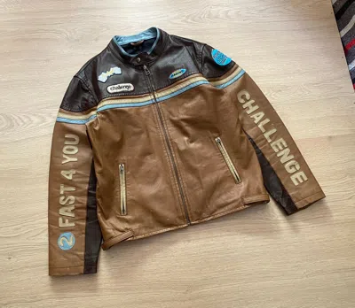 Pre-owned Leather Jacket X Moto Vintage Leather Challenge Moto Racing Y2k Jacket In Brown