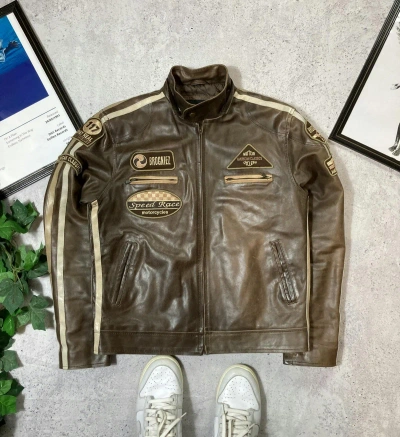 Pre-owned Leather Jacket X Moto Vintage Speed Racing Motorcycle Jacket In Brown