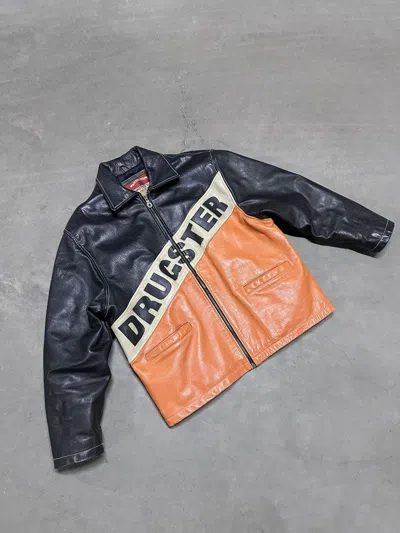 Pre-owned Leather Jacket X Vintage 90's Drugster Logo Black Orange Leather Bomber Jacket