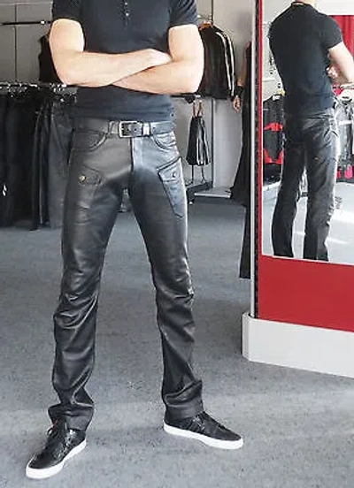 Pre-owned Leather Maniacs Tight Leather Jeans Pants Style With Button Facing W30 W32 W34 W36 W38 In Black
