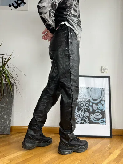 Pre-owned Leather X Vintage Leather Biker Pants Button Fly Motorcycle Rider Jeans In Black