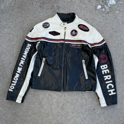 Pre-owned Leather X Vintage Leather Moto Jacket Super Stan Berich Y2k 90's Sp F1 In Black/white