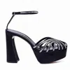 Leathere Women's Black Crystal Embellished Platform Sandals With Block Heel - Black - Dayton In Black