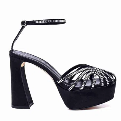 Leathere Women's Black Crystal Embellished Platform Sandals With Block Heel - Black - Dayton
