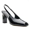 Leathere Women's Black Patent Leather Slingback Block Heel Pumps - Classic Office Heels - Black - Camden In Black