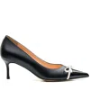 Leathere Women's Black Pointed Toe Pumps With White Bow Detail- Black - Plano In Black