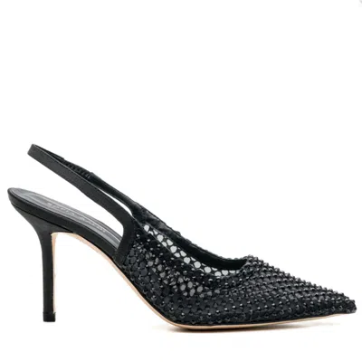 Leathere Women's Black Rhinestone Mesh Pointed Toe Slingback Heels - Black - Bakersfield