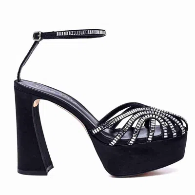 Leathere Women's Black Rhinestone Platform Sandals - Crystal Embellished Block Heel Sandals - Black - Auburn
