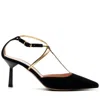 Leathere Women's Black Suede Pointed Toe Heels With Gold Ankle Straps - Black - Stamford In Black