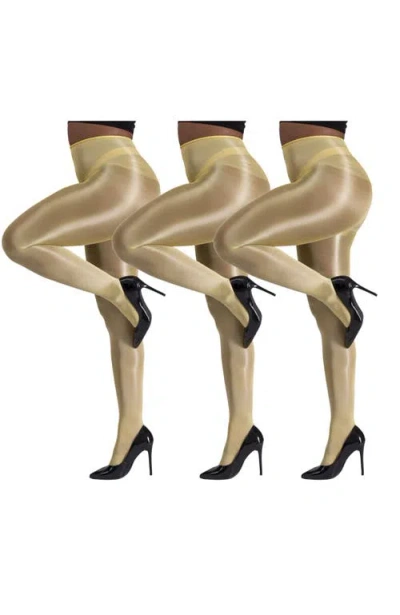 Lechery ® 3 Pairs Of Glossy Semi-opaque Tights In Gold