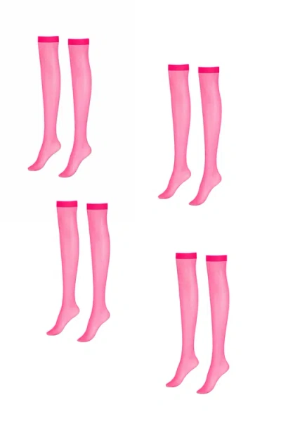 Lechery ® 4 Pairs Of Glossy Sheer Knee-highs In Pink