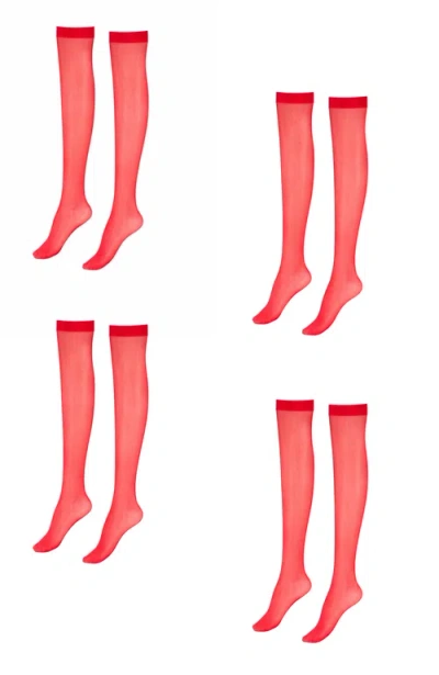 Lechery ® 4 Pairs Of Glossy Sheer Knee-highs In Red