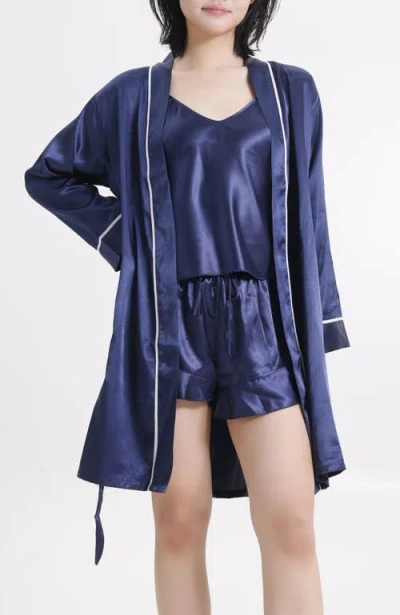 Lechery ® Lustrous Silky Shiny Satin 3-piece Pajama Set In Navy