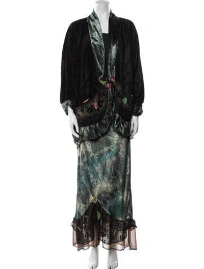 Pre-owned Lee Anderson Printed Lace Trim Embellishment Skirt Set In Green