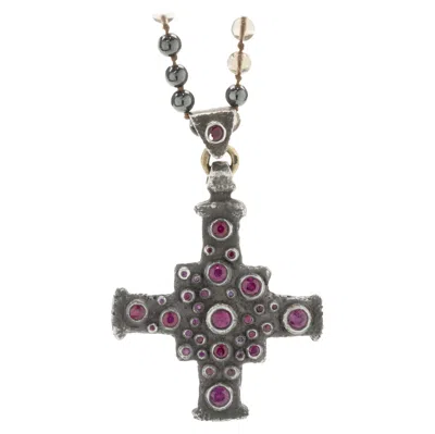 Pre-owned Lee Brevard Sterling Silver Smoky Topaz And Hematite Maltese Cross Necklace In Multi