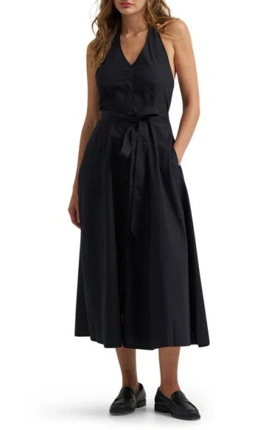 Lee Button Front Cotton Halter Midi Dress In Black