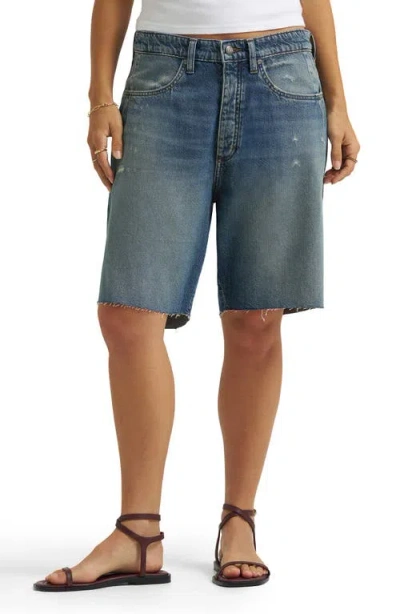 Lee Darted Slouch Distressed Raw Hem Denim Bermuda Shorts In Blue