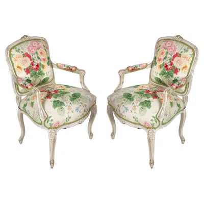Pre-owned Lee Jofa Pair Of Louis Xv Painted Arm Chairs Newly Upholstered In  Floral Fabric In Brown