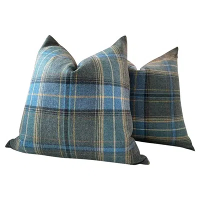 Pre-owned Lee Jofa Pair Of Mulberry For  “shetland Plaid” In Blue Wool Down Filled Pillows In Purple
