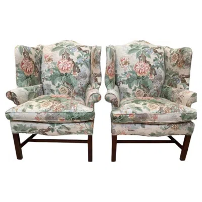 Pre-owned Lee Jofa Pair Wing Chairs Newly Upholstered In  Chinese Lantern Ii In Spring In Brown