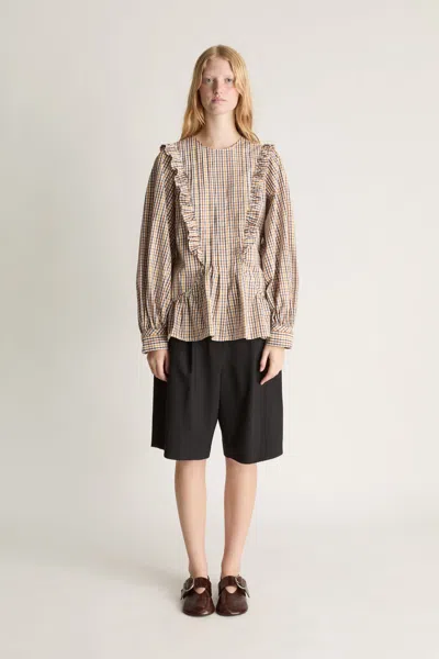 Lee Mathews Christie Poplin Check Blouse In Gray