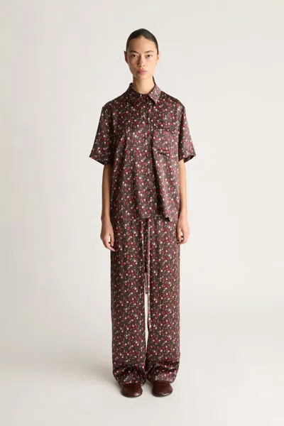 Lee Mathews Flora Silk Ss Shirt In Chocolate