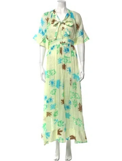 Pre-owned Lee Mathews Floral Print Long Dress In Green