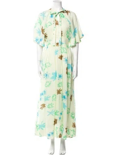 Pre-owned Lee Mathews Floral Print Long Dress In Yellow