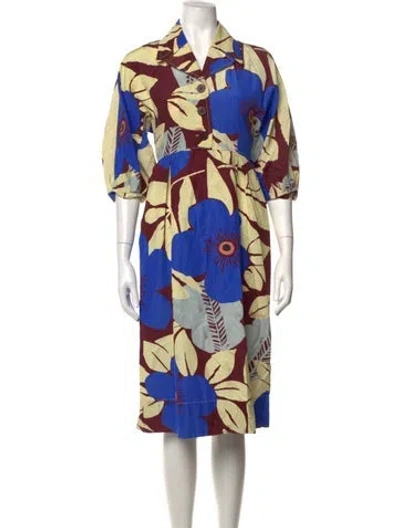 Pre-owned Lee Mathews Floral Print Midi Length Dress In Burgundy/yellow
