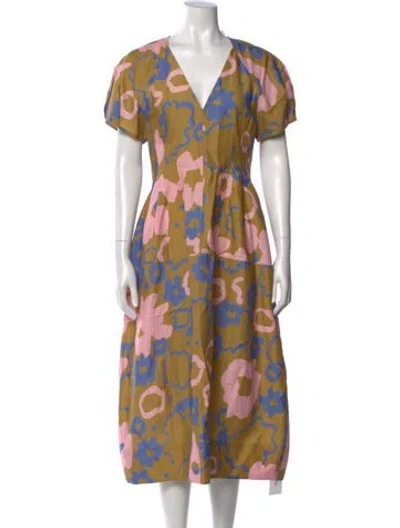Pre-owned Lee Mathews Floral Print Midi Length Dress In Neutral