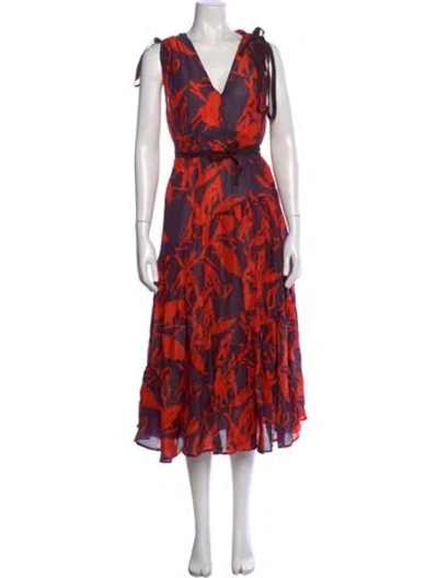 Pre-owned Lee Mathews Floral Print Midi Length Dress In Orange