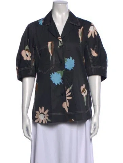 Pre-owned Lee Mathews Floral Print Short Sleeve Blouse In Black