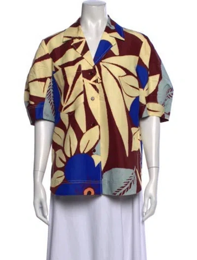Pre-owned Lee Mathews Floral Print V-neck Button-up Top In Yellow