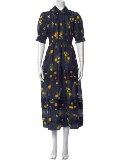 Pre-owned Lee Mathews Linen Midi Length Dress In Blue