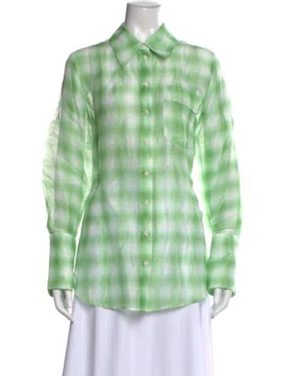 Pre-owned Lee Mathews Linen Plaid Print Button-up Top In Green
