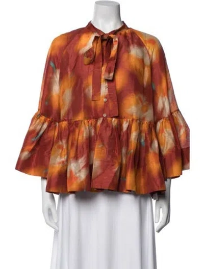 Pre-owned Lee Mathews Linen Tie-dye Print Blouse In Orange